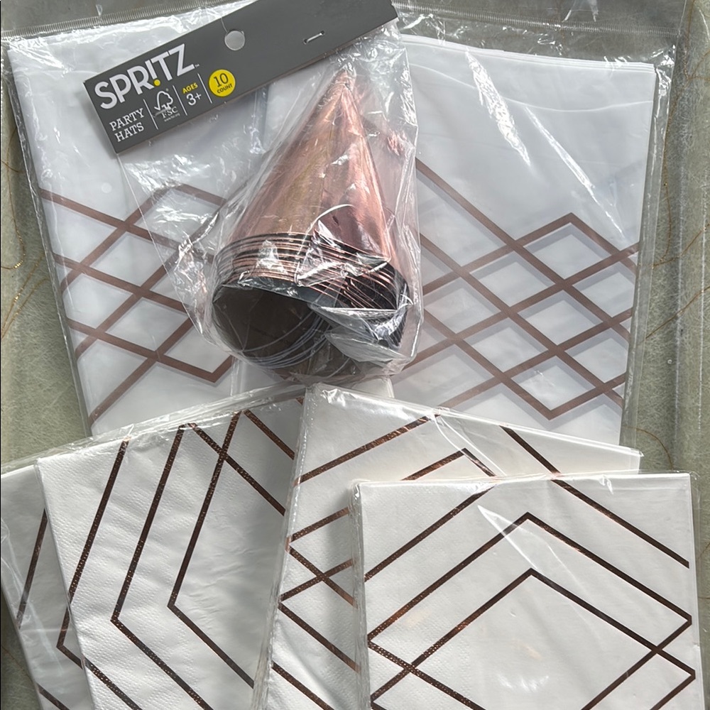 Spritz Rose Gold Party Hats, Table Covers & Napkins Set